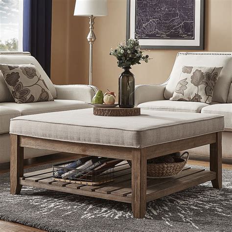 large square upholstered coffee table.